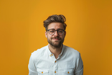 Obraz premium Caucasian man pose against vivid backgrounds, their bright attire and relaxed smiles creating an energetic, positive vibe.