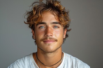 Fototapeta premium a Caucasian man, aged 30s to 50s, in minimal professional clothing, standing confidently with a relaxed, welcoming expression against a gray backdrop.