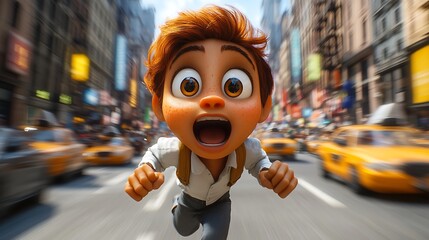 Animated boy running in NYC street, expressing excitement. Possible use children's movie poster or advertisement