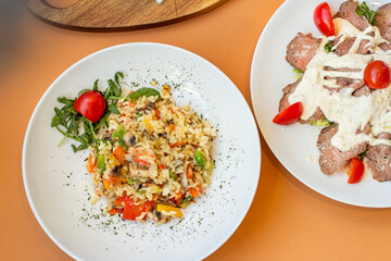 Fried rice with vegetables in a bowl, Asian food