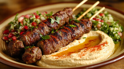 Grilled Kofta Skewers with Hummus and Tabbouleh on Rustic Plate