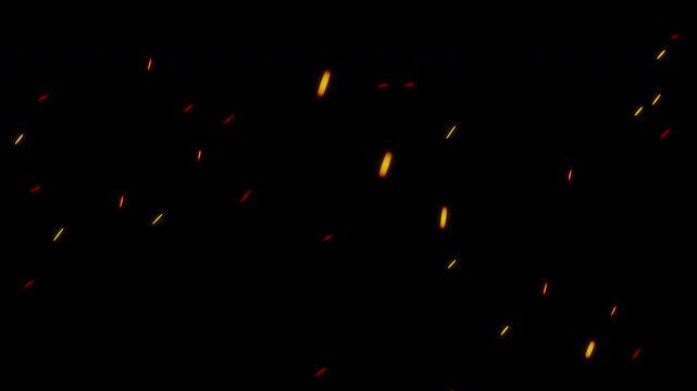 Seamless loop 4K animation of glowing fire sparks drifting through the dark with alpha channel. Light ember trails flicker and float in various directions. Ideal for overlays, VFX, and motion design.