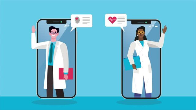 Two doctors waving from inside smartphones, exchanging medical reports and health data, representing the concept of telemedicine and online healthcare