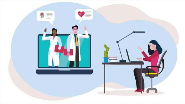 Female patient having online medical consultation with doctors appearing on laptop screen, waving and holding medical records