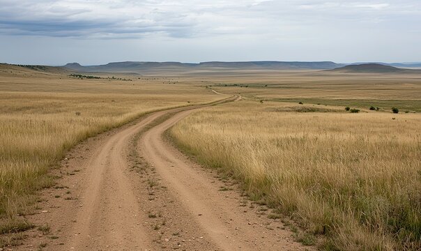 A dirt road cuts through a vast, golden grassland stretching to distant mesas under a cloudy sky. Serene natural scenery