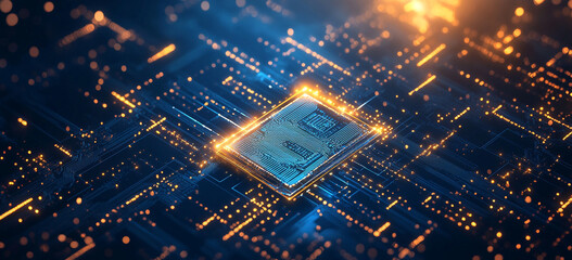 An image showing a glowing central processor unit set amidst a network of glowing lights and circuits.