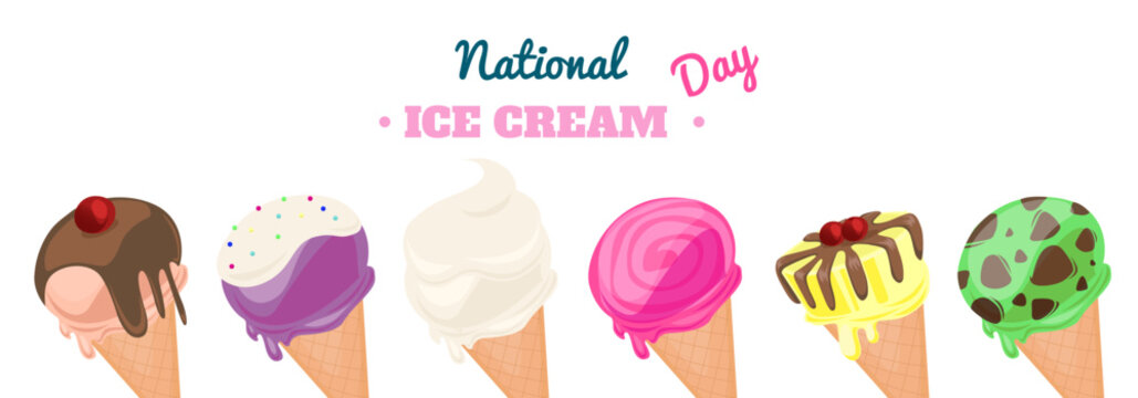 National Ice cream day banner. Pink retro holiday poster, background, card. Sweet cold dessert social media advertising. Flat Vector illustration.
