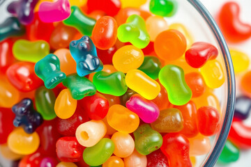Assorted candies with gummy bears, jelly beans, and fruit chews, colorful and sweet treats. Fast-food image isolated white background.
