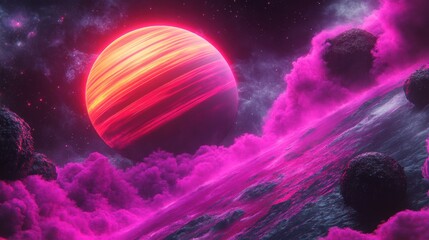 Vibrant Pink and Purple Pixel Planet in a Cosmic Nebula