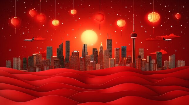 City skyline at night with red color scheme and a glowing sun