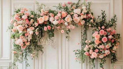 Fototapeta premium Elegant floral arrangement with pink and white roses on white paneled wall