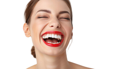 Close-up of beautiful woman with red lipstick showing white teeth while laughing on transparent background