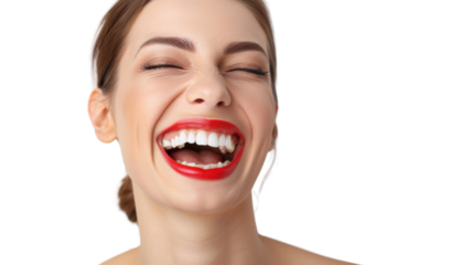 Close-up of beautiful woman with red lipstick showing white teeth while laughing on transparent background