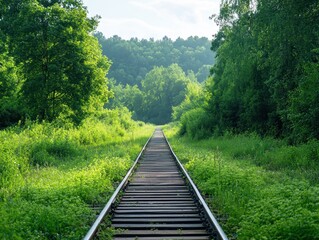 Obraz premium Serene railway tracks meandering through lush green forest landscape