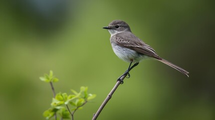 Obraz premium A sharp-eyed American Flycatcher bird perched on the tip of a twig. The blurred background highlights the bird's silhouette, while the sharp focus reveals the intricate feather details 