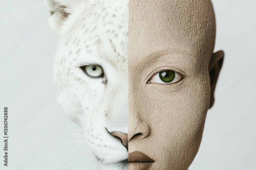 Poster surreal portrait blending a white leopard and a human model with neutral makeup, showcasing unique f