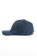 Blue textile baseball cap with brown elements, left side view, on white background