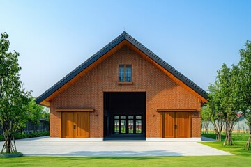 Fototapeta premium A contemporary brick structure featuring elegant wooden accents, beautifully integrated into lush green landscaping under a clear blue sky