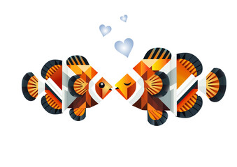 Zwei geometrisch gestaltete Clownfische küssen sich liebevoll, umgeben von drei schwebenden Herzen.Die Illustration besticht durch moderne, abstrakte Formen und leuchtende Farben 