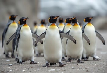 Fototapeta premium Emperor penguins marching in a line on a rocky terrain with a misty background