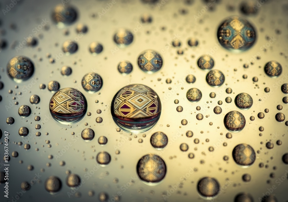 Poster colorful droplets with intricate patterns on a reflective surface