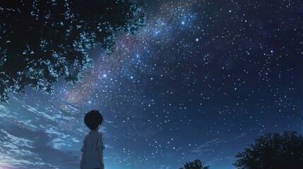 A teenager stands under the night sky with his back to the camera, looking up at the star - filled sky where the Milky Way stretches across. Surrounded by the silhouettes of several trees, the overall