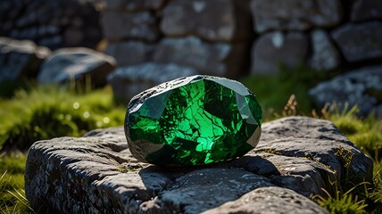 A glowing green gemstone embedded in ancient Irish stone ruins