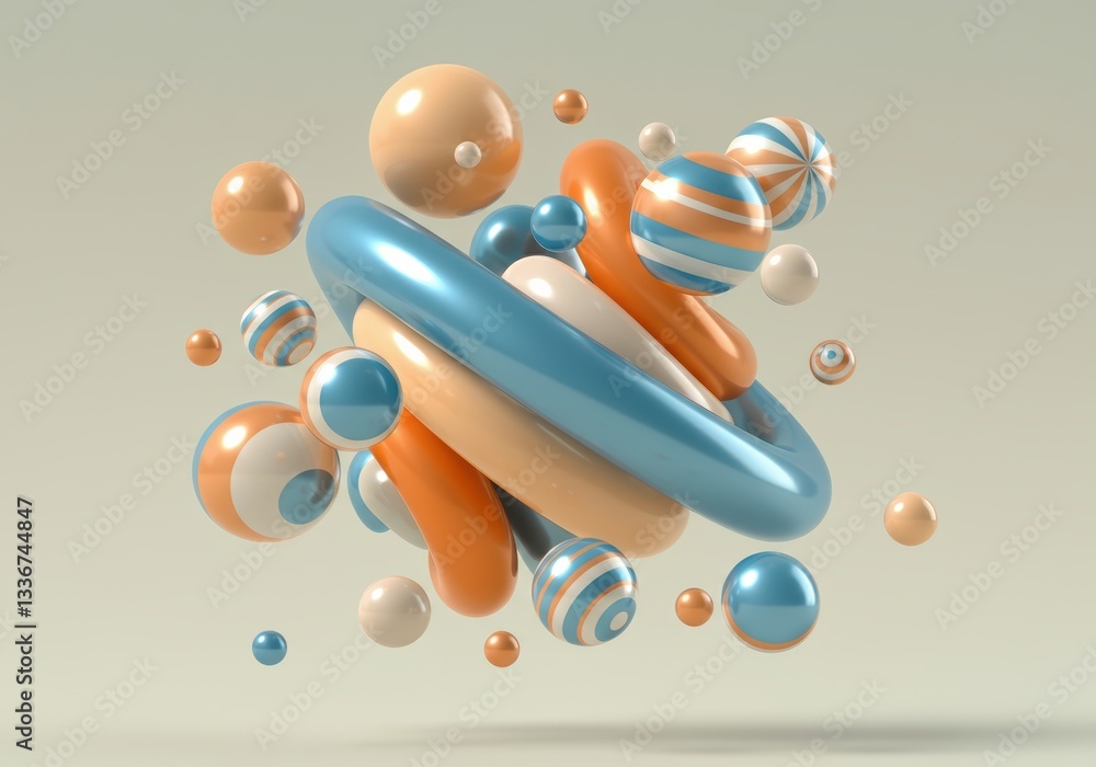 Poster colorful 3d spheres and rings creating a dynamic abstract composition