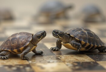 Obraz premium Two tortoises facing each other on a chessboard in a game