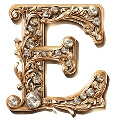 Elegant 'E': A detailed, golden letter "E", adorned with sparkling gemstones and intricate floral designs, exuding luxury and timeless beauty.
