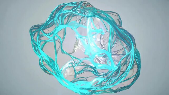 3D animation of transparent blue brain neural network rotating. The glowing turquoise brain structure gradually shifts perspective, displaying intricate neural connections and pathways