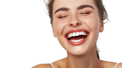 Studio shot of cheerful woman with perfect smile, healthy skin and white teeth on transparent background