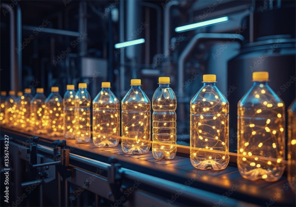 Aufkleber bottles with glowing lights on a production line in a factory setting