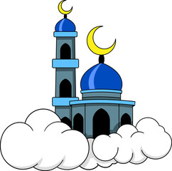 Blue Islamic Mosque with Crescent Moons and Clouds for Ramadan and Eid Celebrations