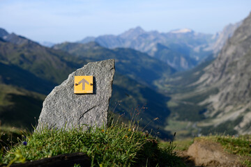 The signpost of the Tour du Mont Blanc (TMB), the long distance hiking route, Italy, Europe. 