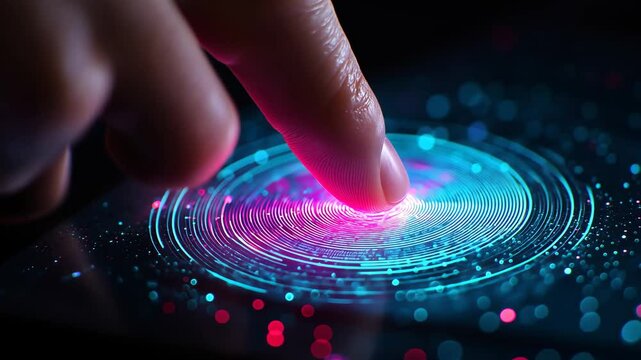 Close-up of finger touching glowing screen with vibrant digital waves