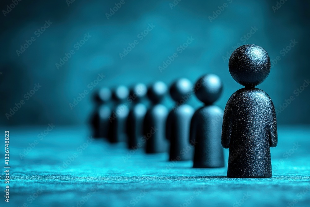 Poster minimalist composition of black figurines on a textured surface with a shimmering blue background fo