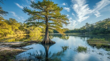 Fototapeta premium Isolated cypress tree standing proudly nature gigapixel photography serene environment elevated viewpoint majestic concept