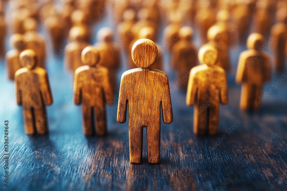 Poster wooden figurines standing in a crowd creating an abstract representation of individuality and commun