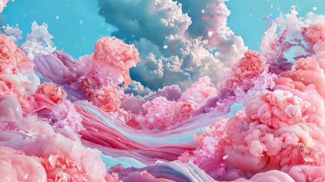 Vibrant pink and blue cloudscape with dynamic flowing forms and ethereal dreamy sky