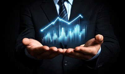 A person in suit holds a luminous upward trending graph in their hands, symbolizing growth and success