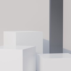 White Podium studio and cube pedestal on white background with product shelf on one white floor and wall the platform for product presentation minimal style, copy space, abstract podium. 3D render.
