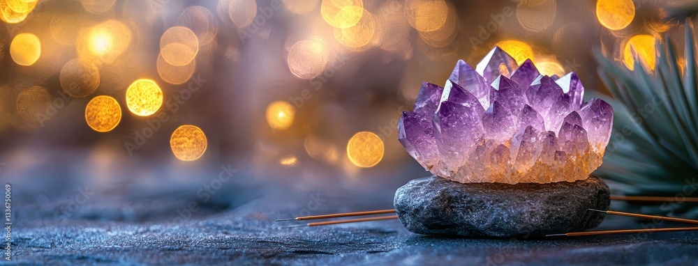 Poster close up of healing crystal with purple points resting on stone, surrounded by soft bokeh lights. se