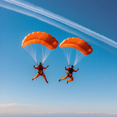 Two parachutists against a blue sky