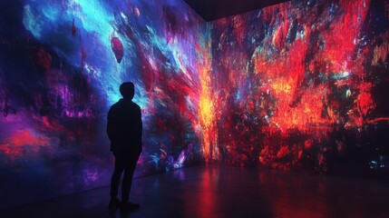 Immersive Digital Art Installation: A Person Silhouetted Against Vibrant, Abstract Projections