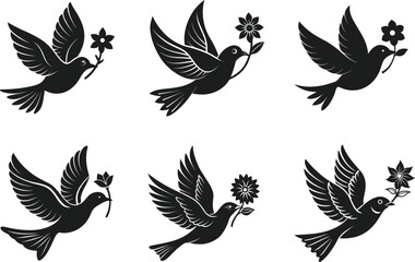 Set of Elegant Flying Birds with Flowers – Mother's Day Vector Silhouettes