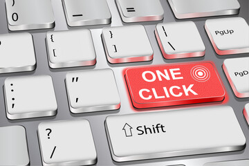 One Click: the inscription on the keyboard button. Red color. Vector graphics.