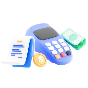 3D illustration of online bill payment using a credit card, cash, and coins with a transaction receipt and card reader machine, isolated on transparent background
