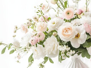 Obraz premium A stunning bouquet of pastel pink and white peonies with delicate roses, creating a soft, romantic floral arrangement in natural light. Perfect for wedding or decor inspiration. 