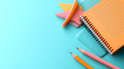 Pastel Notebooks Pencils and Stationery on Aqua Background